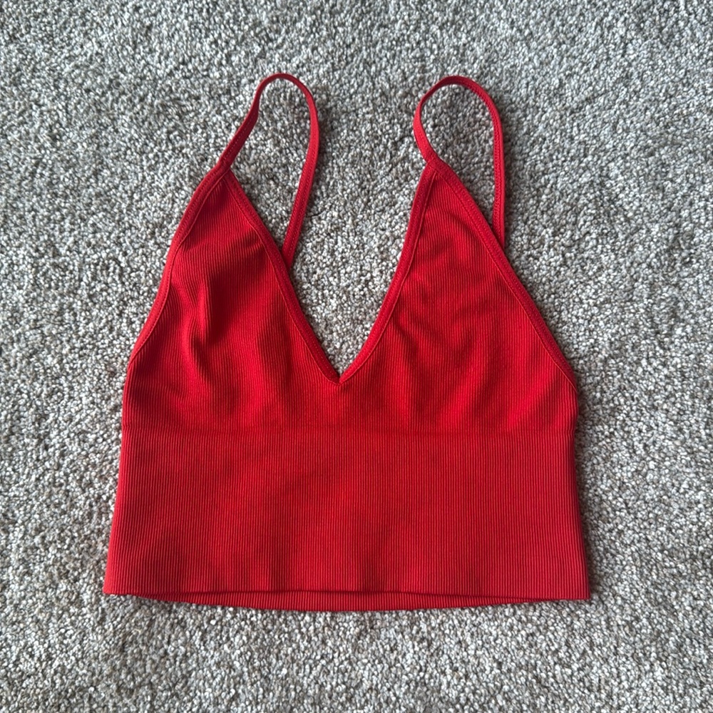 Free People Ali Low-Back Seamless Bra in Red, size XS/S slight wear pictured